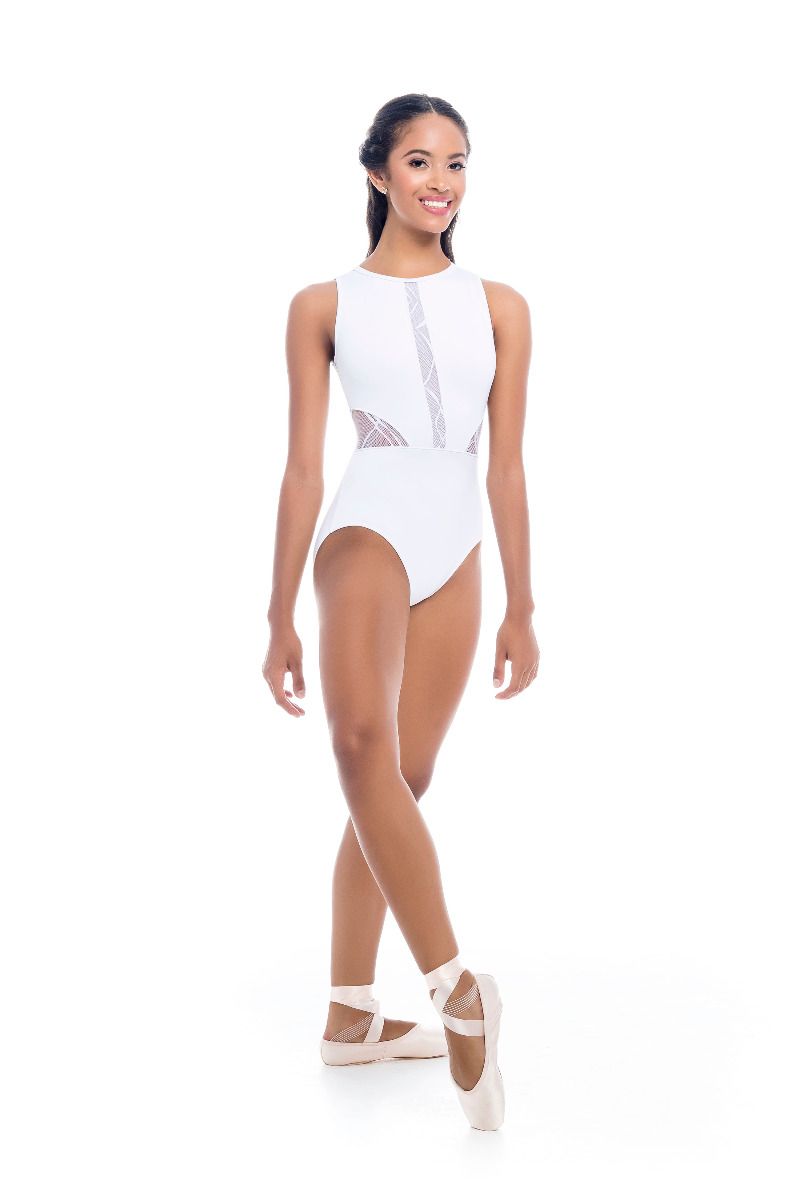 Adult Mandarin Collar Mesh Leotard with Clasp Back and Lined Key Hole Back - Noelle