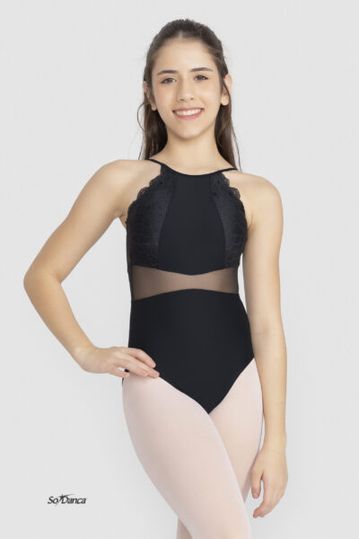 High-Neck Mesh Lace Leotard- Zaza
